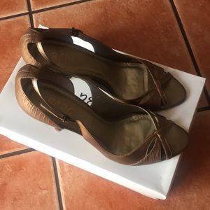 BCBG Bronze Brown Peep-Toe Slingback Heels